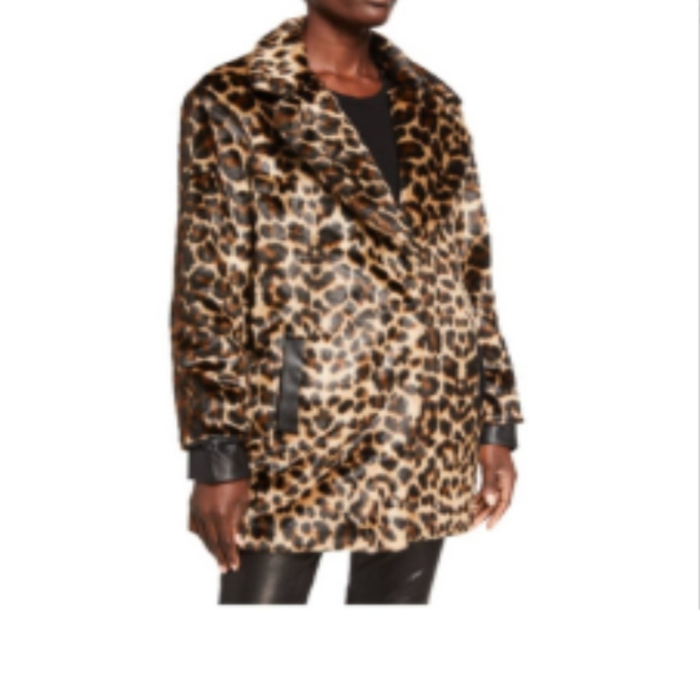 ❤️Last Chance !! Neiman Marcus  Faux-Fur Leopard Faux-Leather Trim Coat - Picture 3 of 11